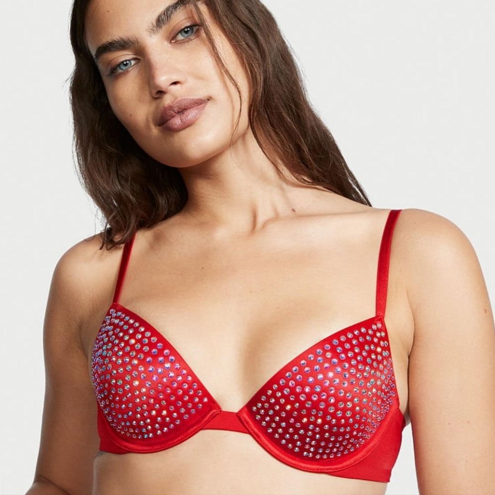 🆕️VS VERY SEXY Lightly Lined Embellished Bling Red Low cut Demi Bra Size 36C